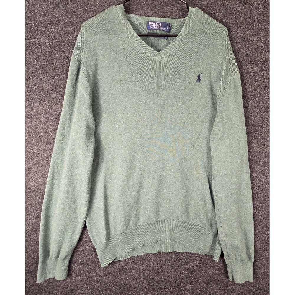 Polo Ralph Lauren V Neck Sweater Mens Large Green Pima Cotton Long Sleeve